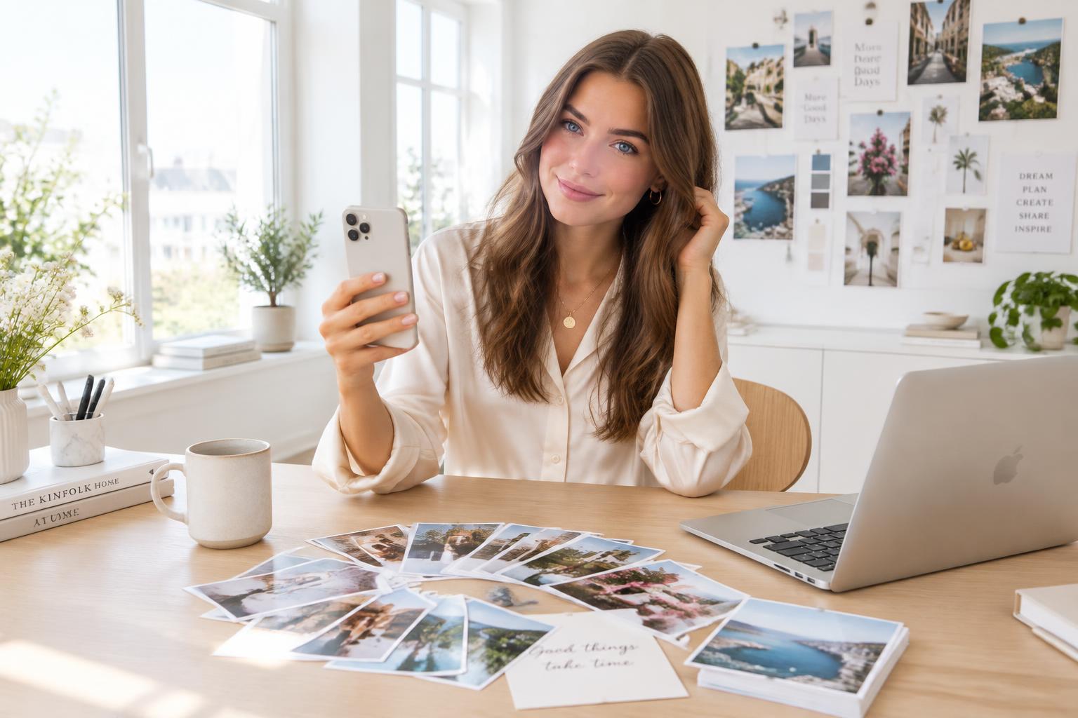 Susy choosing photographs at her desk and publishing them from her phone